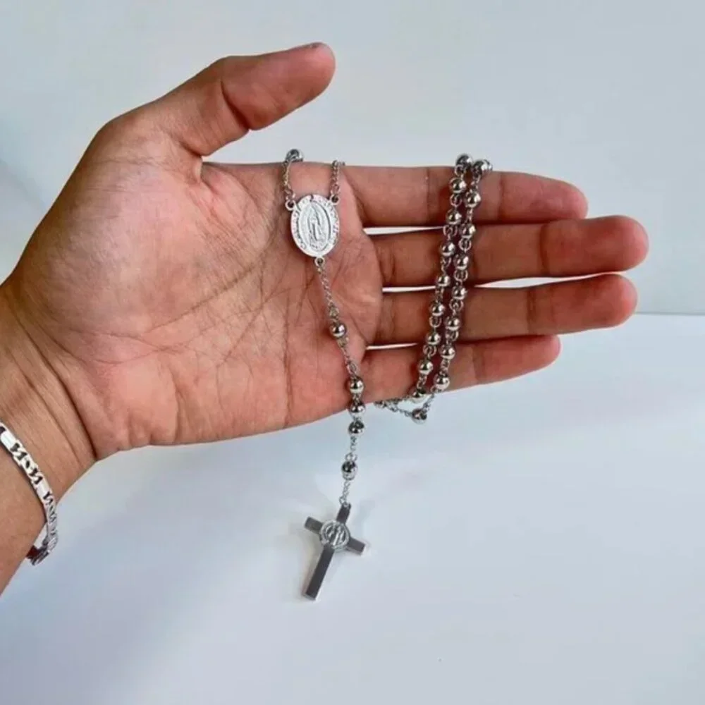 y2k 2000s chrome silver rosary bead necklace